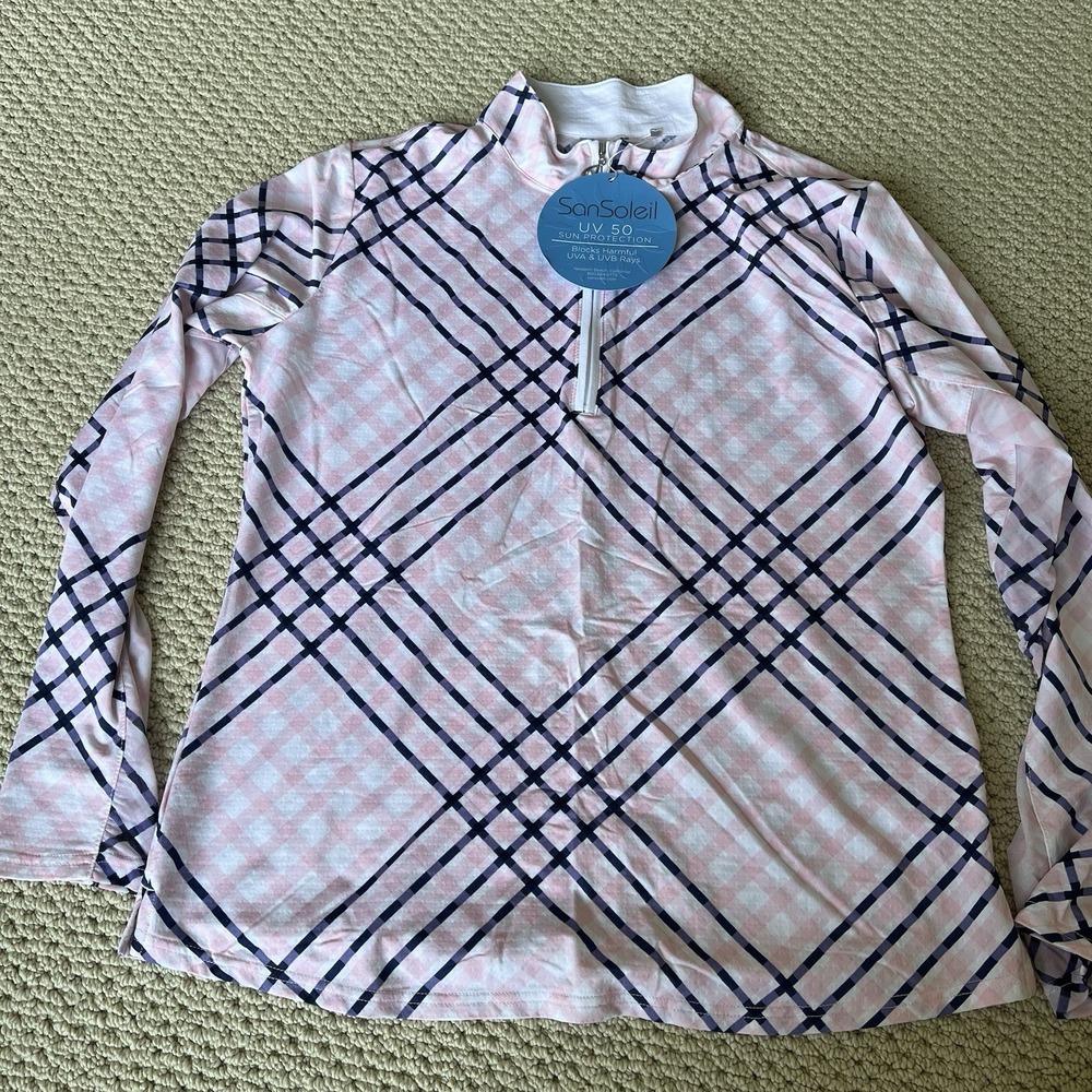 SanSoleil women's Plaid Sun Protection SPF Zip Long Sleeve Top Activewear Golf L